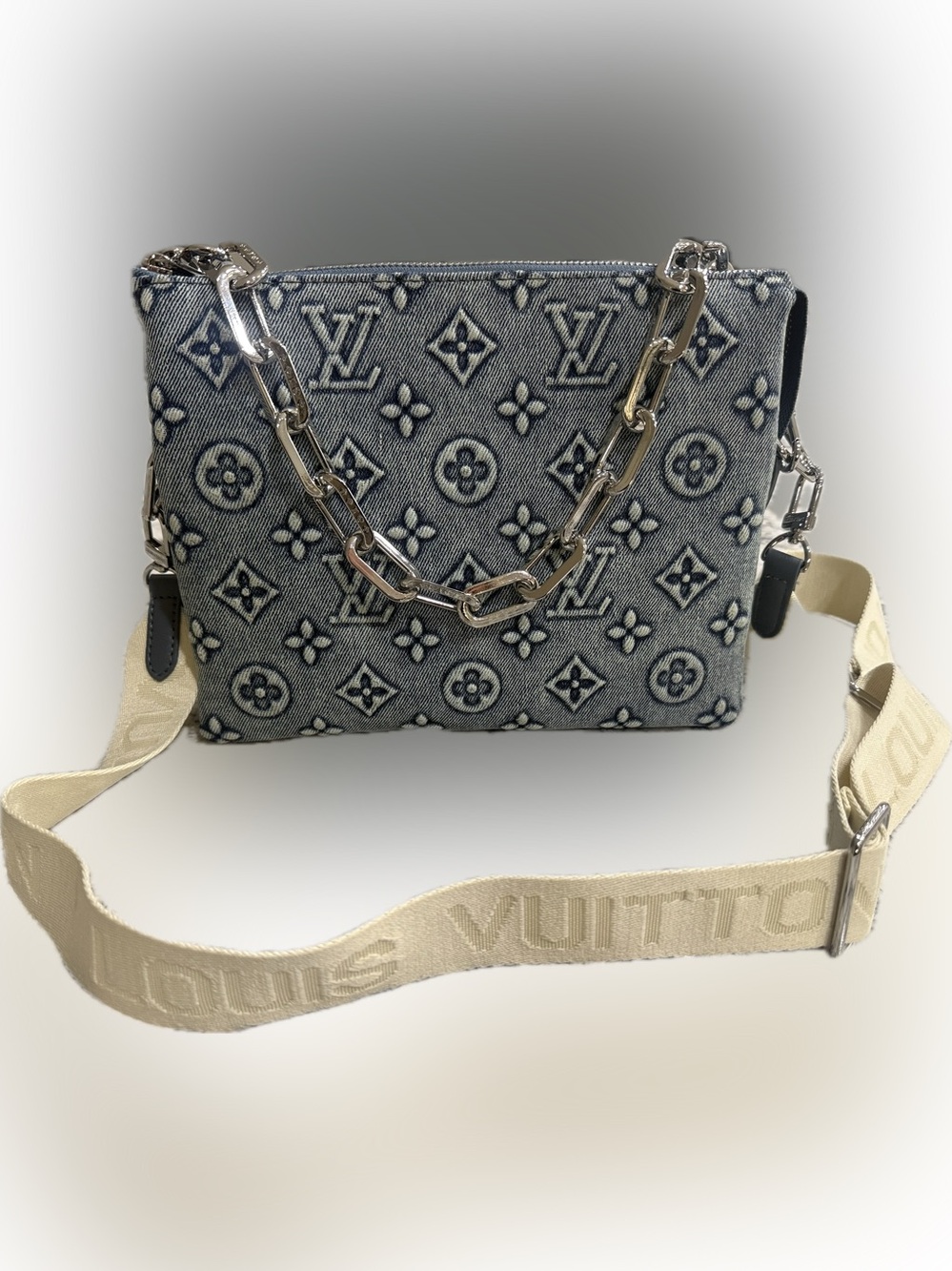 Designer InspiredBlue Denim Monogram Crossbody with Cream Strap and Silver Chain